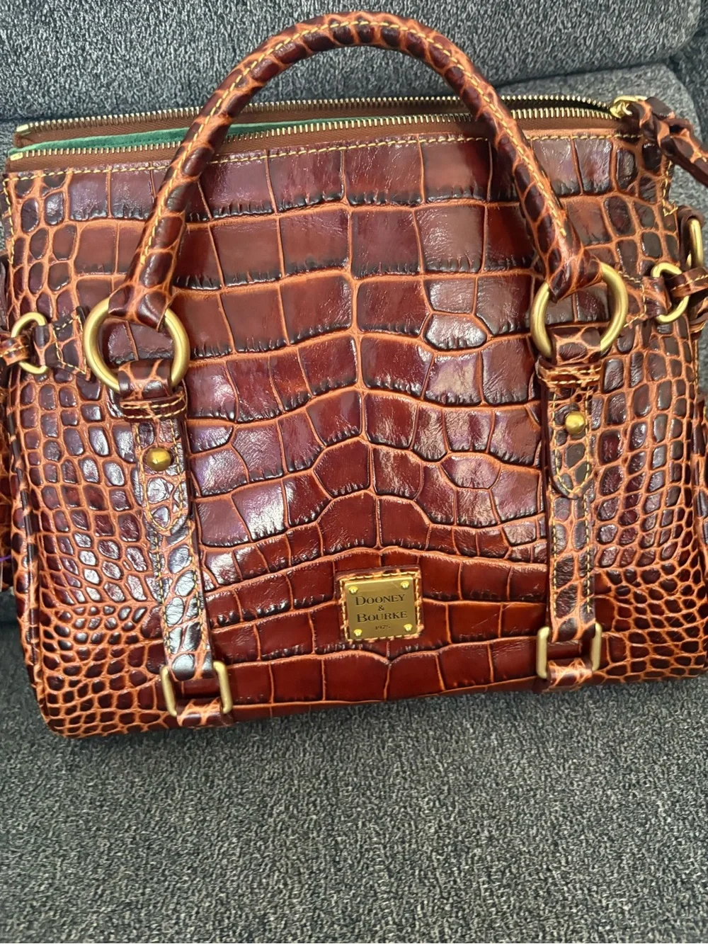 Dooney & Bourke Brown Croco Fino Croc-Embossed Satchel with Gold Hardware